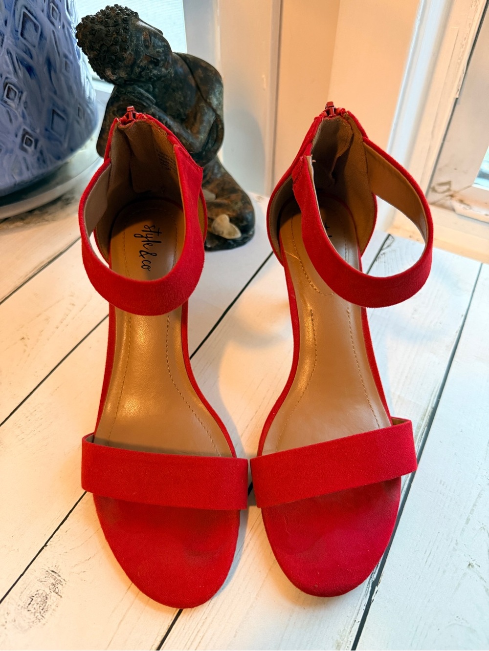 Style & Co. | Red Faux Suede Ankle-Strap Open Toe Heels - Picture 2 of 9